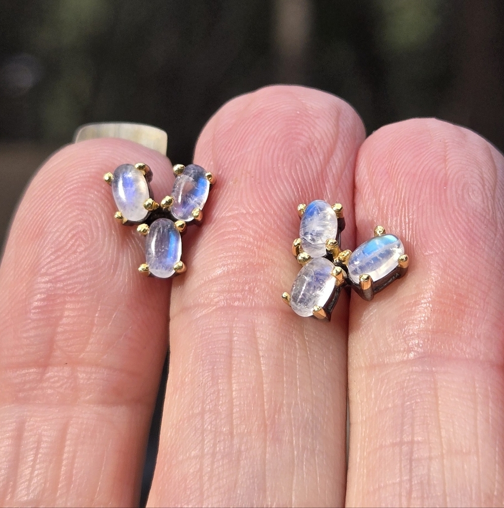 Moonstone 3k Natural Cluster Sterling Rhodium & Gold Earrings - Picture 4 of 10
